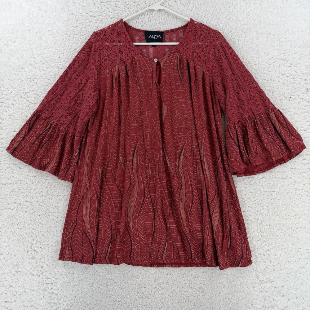 Tanoa Blouse Womens XL Red Crochet 3/4 Bell Sleeve Hawaiian Tunic Top Boho